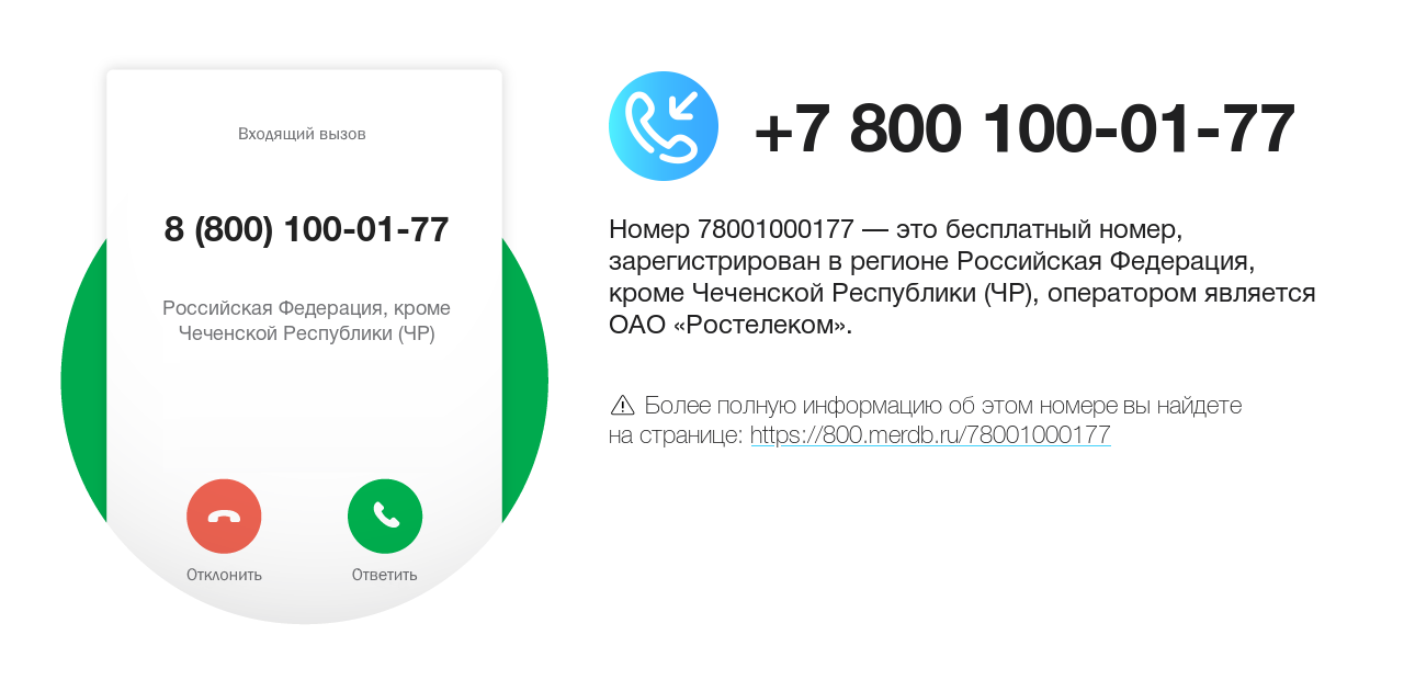 Номер телефона 8 (800) 100-01-77