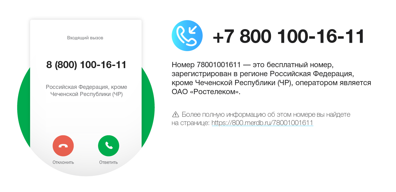 Номер телефона 8 (800) 100-16-11